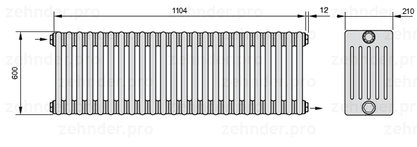 Схема (чертеж) Радиатор Zehnder Charleston 6060/24 №1670 Белый глянцевый RAL 9016